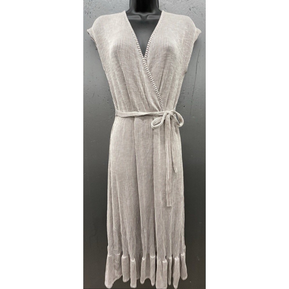 Faux Wrap Dress M Brown White‎ Stripe Ribbed Ruffle Stretch Coastal Cottage Boho